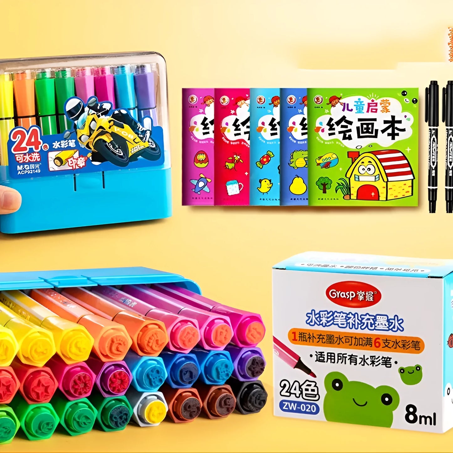 Safe non-toxic washable painting brush set with hexagonal rods in blue, pink or yellow