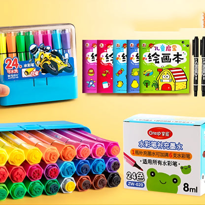 Safe non-toxic washable painting brush set with hexagonal rods in blue, pink or yellow