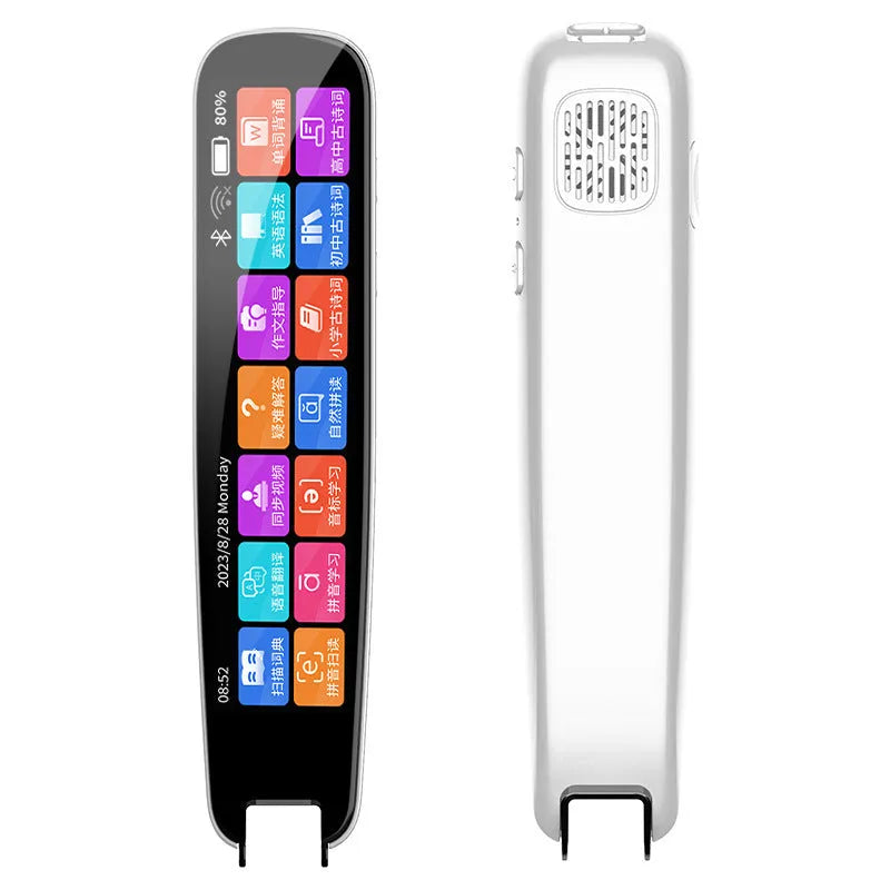 Dark grey offline scan translation pen with a scanning tip on a textbook.