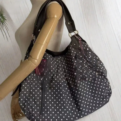 Retro polka-dot canvas shoulder bag with double shoulder straps, oval shape, soft polyester, patchwork stitching
