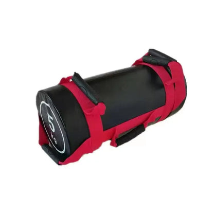 White PVC training sandbag with leather exterior shown in gym setting with weight options from 5kg to 30kg