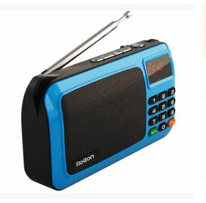 Rolton W405 portable FM radio MP3 speaker in gold, blue, or red with LED screen and carrying strap