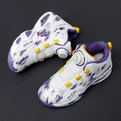 Cushion basketball running shoes with rotating button closure in black synthetic leather