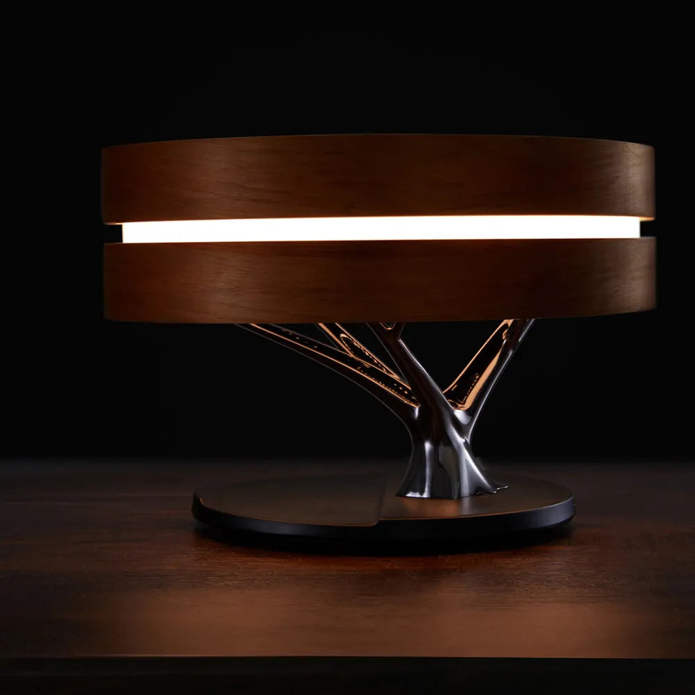 Round maple ABS+PC bed lamp with Bluetooth speaker, wireless charging, and circular tree LED light, 300 x 300 x 215mm