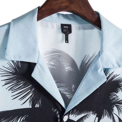 Men's loose floral print beach shirt with lapel collar and short sleeves in cotton main fabric