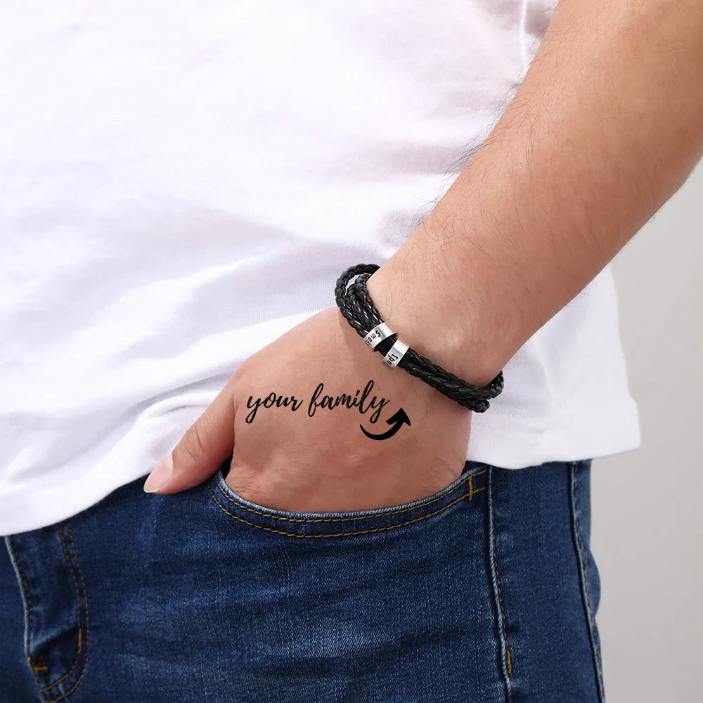 A personalized leather bracelet with engraved beads, a thoughtful gift for men