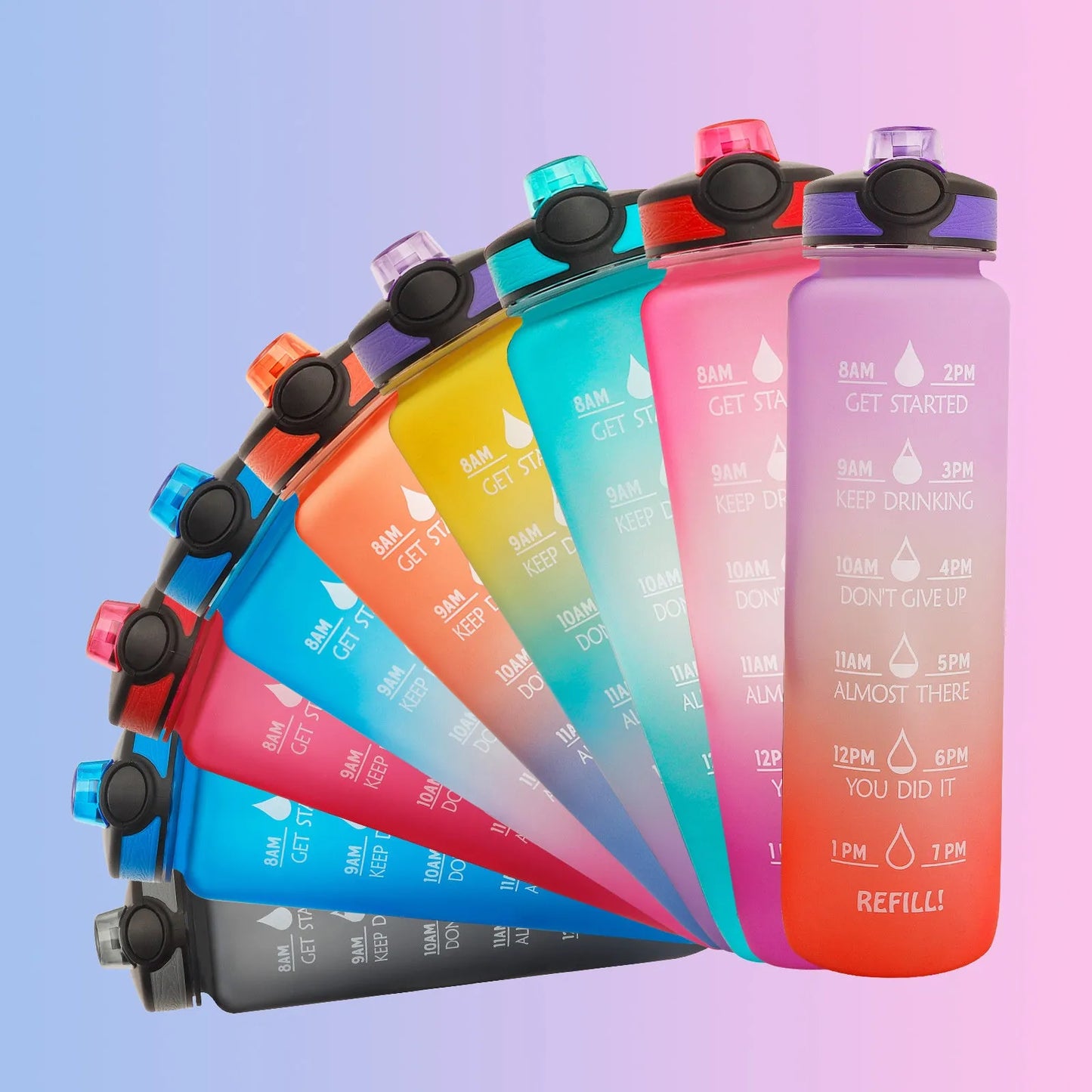 Blue and red gradient 1 litre Tritan sports water bottle with time markers and a flip-top lid.