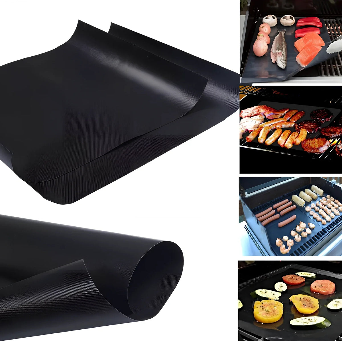Black and yellow reusable BBQ grilling mat measuring 400x330mm with non-stick PTFE-coated surface