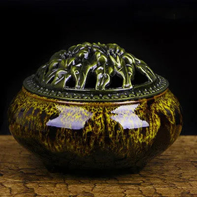 Retro ceramic incense burner in multiple glaze colours with 8cm diameter and 7cm height