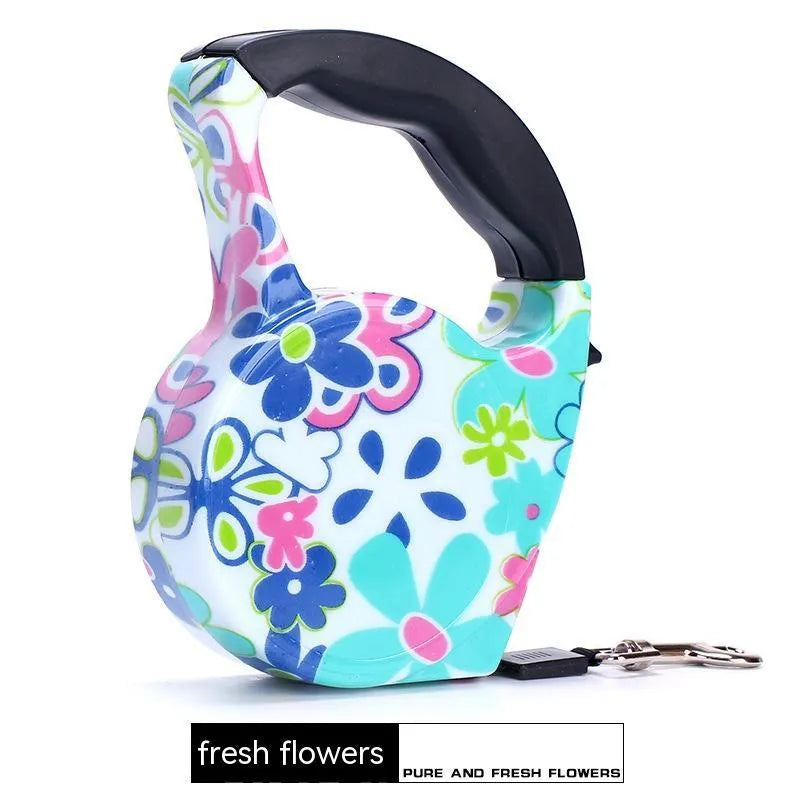 Automatic retractable dog leash, 5 m long, 1 cm wide, plastic, in a choice of printed designs