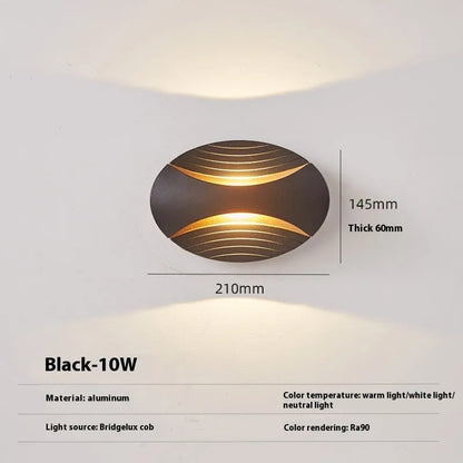 Aluminium wall lamp with 10W LED showing three light colour options and IP65 rating for bedroom or outdoor use