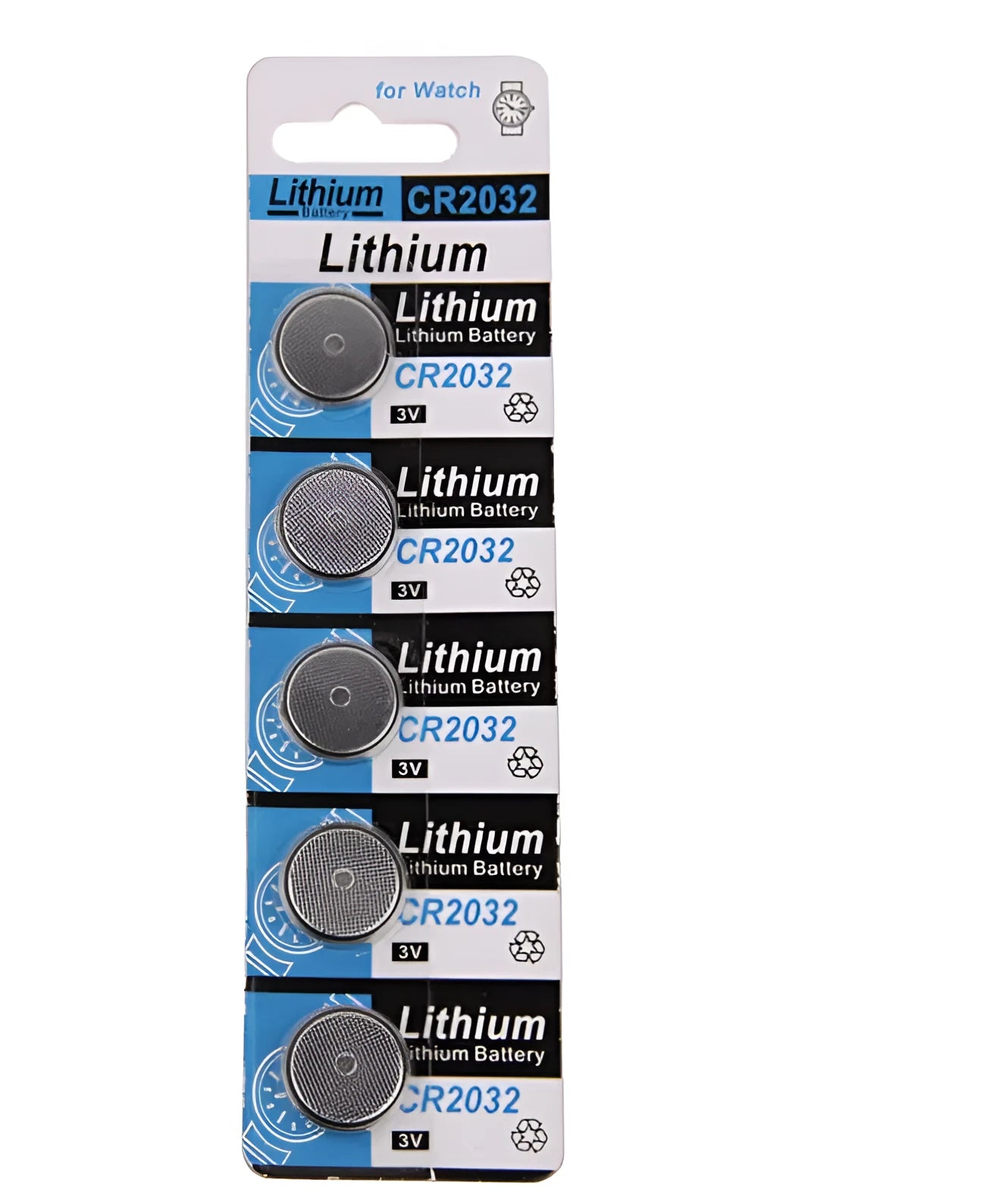Card of five CR2032 3V lithium button batteries for electronics and remote controls.