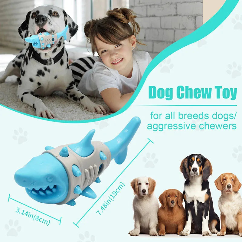Blue, grey, and yellow plastic dog teething toy with shark-tooth texture and venting holes.