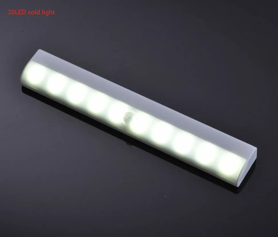 A matte aluminium LED closet light with a magnetic back, shown mounted inside a wooden wardrobe.