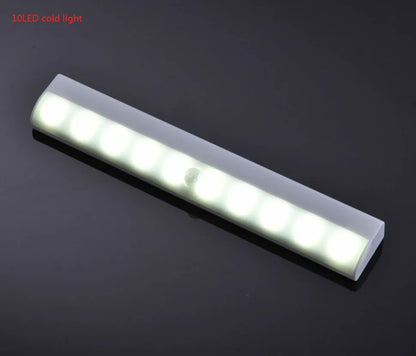 A matte aluminium LED closet light with a magnetic back, shown mounted inside a wooden wardrobe.