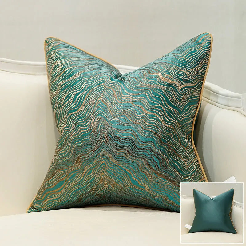 Corrugated stripe and diamond pattern cushion covers in green, blue, grey, and beige colours.