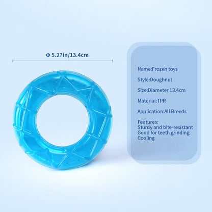 Set of four water-filled silicone dog cooling toys: pacifier, popsicle, and two rings.