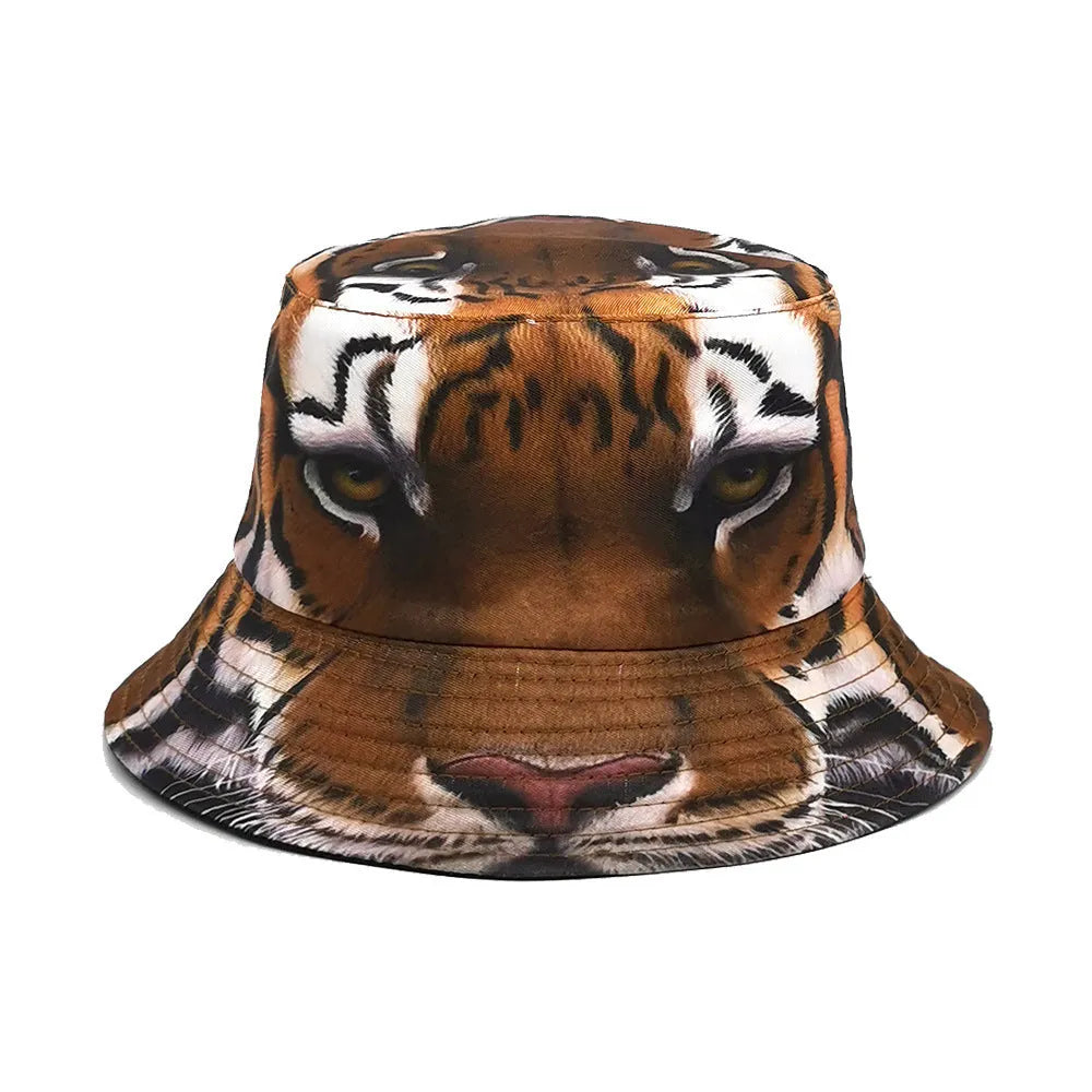 Tiger pattern bucket hat in polyester fabric with dome crown, khaki and black camouflage options