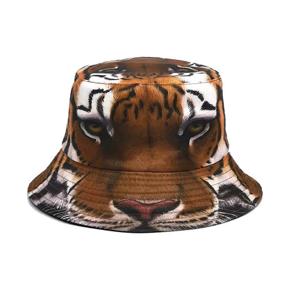 Tiger pattern bucket hat in polyester fabric with dome crown, khaki and black camouflage options