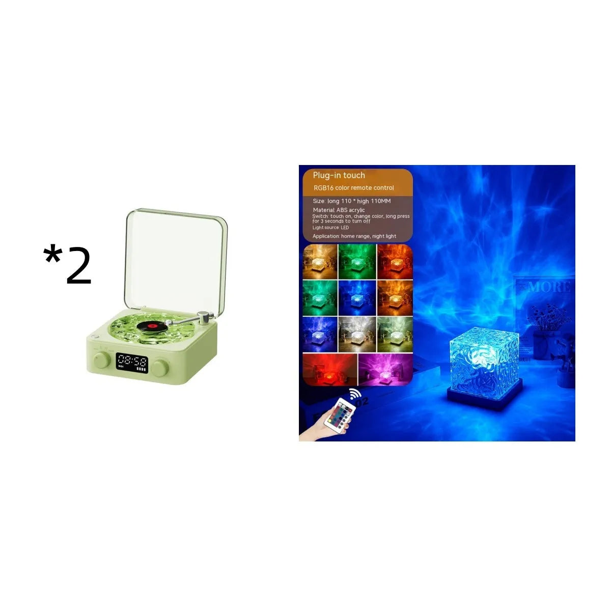 Retro-style turntable Bluetooth speaker with glowing RGB light projection on a wooden surface.
