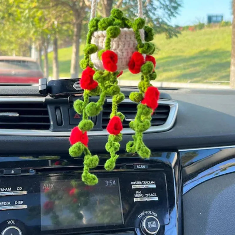 Green and white fishing style car plant decoration with 8cm base and 25cm hanging rope
