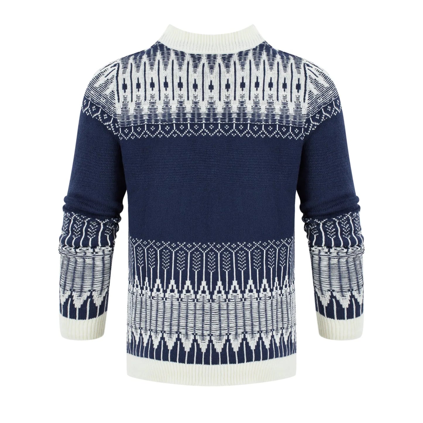 Men's knitted crew neck pullover sweater with long sleeves shown in multiple sizes