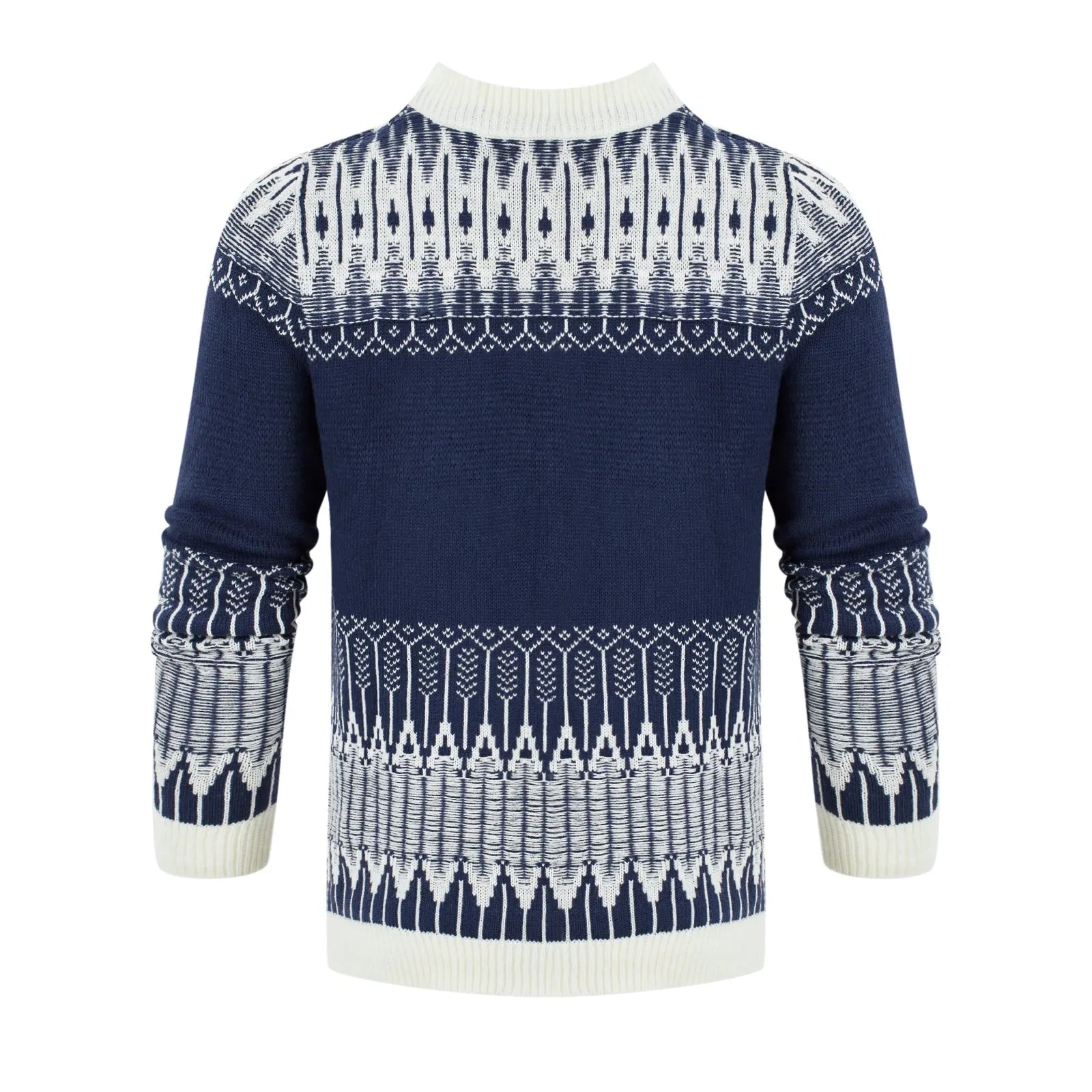 Men's knitted crew neck pullover sweater with long sleeves shown in multiple sizes