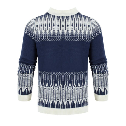 Men's knitted crew neck pullover sweater with long sleeves shown in multiple sizes