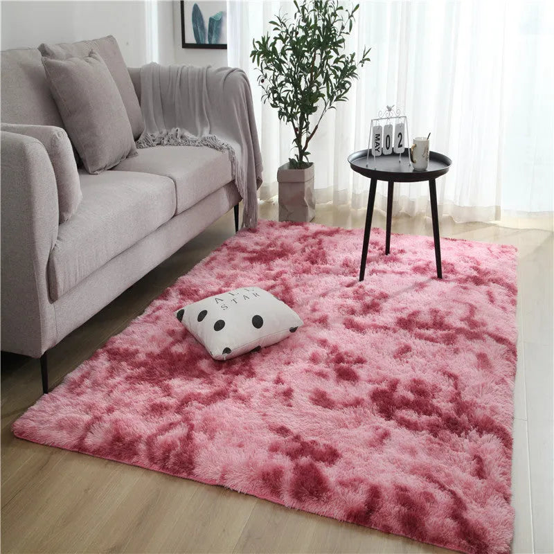 Long pile tie-dyed gradient carpet for living room bedroom rug area floor mats machine washable polyester fluffy shaggy texture abstract modern