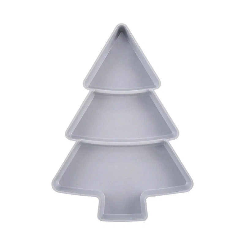 Christmas tree shaped plastic platter with divided sections for snacks and desserts