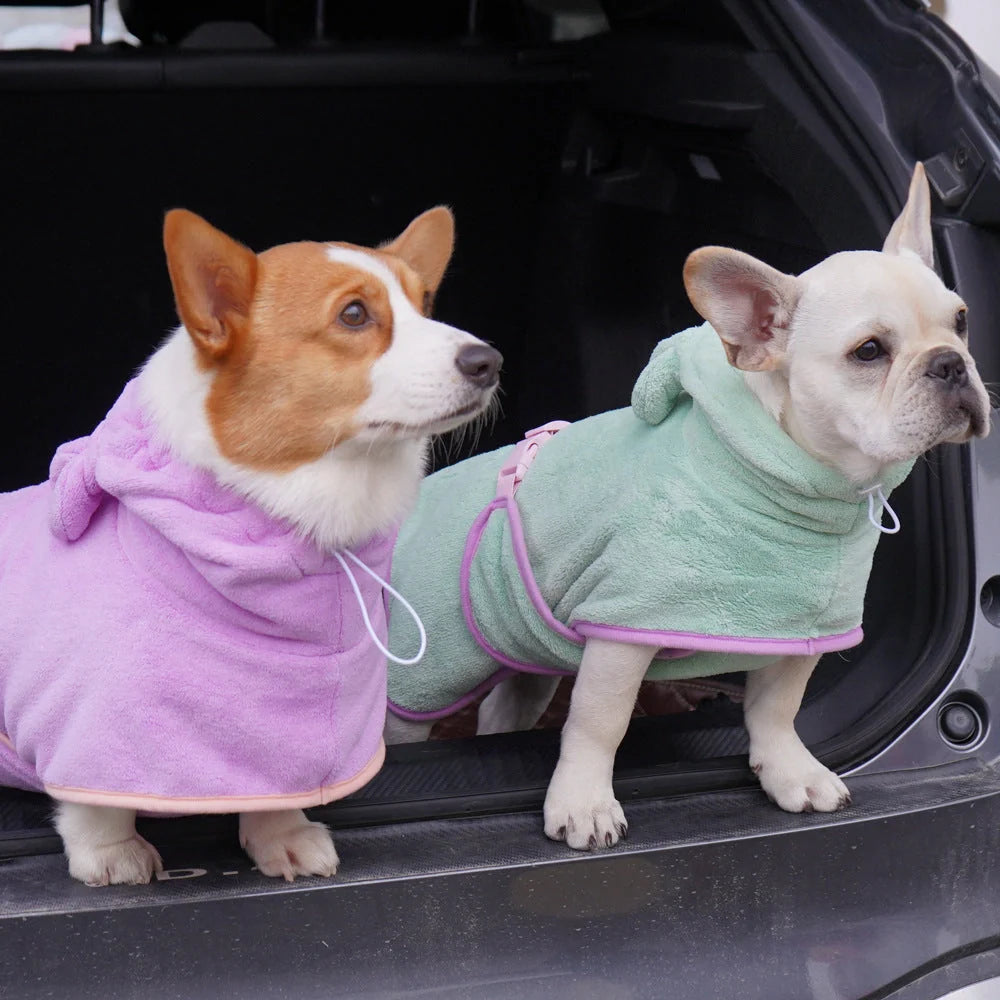 Adjustable dog bathrobe in coral fleece for quick drying, available in multiple colours and sizes