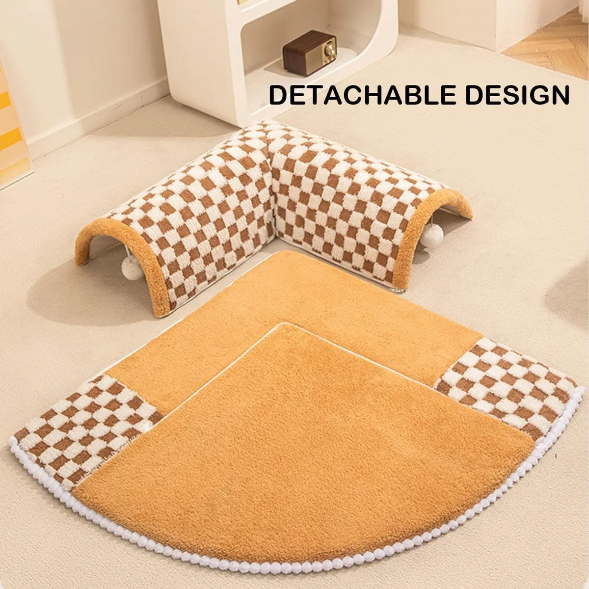 Fan-shaped 2 in 1 dog cat bed with plush sleeping area and integrated play tunnel in yellow colour