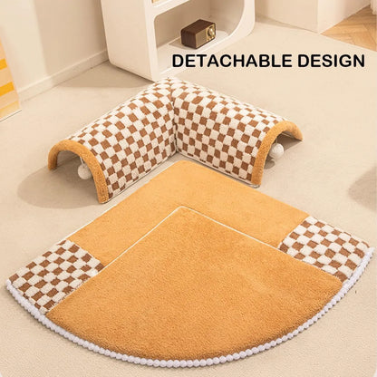 Fan-shaped 2 in 1 dog cat bed with plush sleeping area and integrated play tunnel in yellow colour
