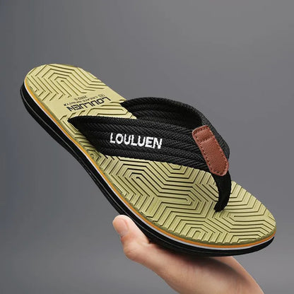Men's black flip flops with a PVC sole and EVA upper on a plain background.