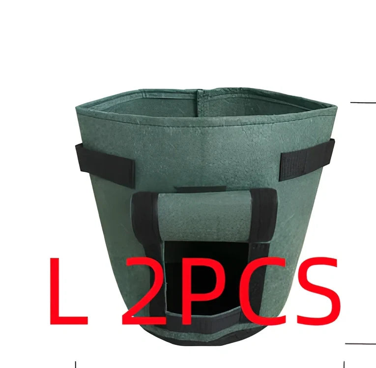 Black non-woven plant growth bag with side window and handles for potato gardening, breathable fabric, large size shown