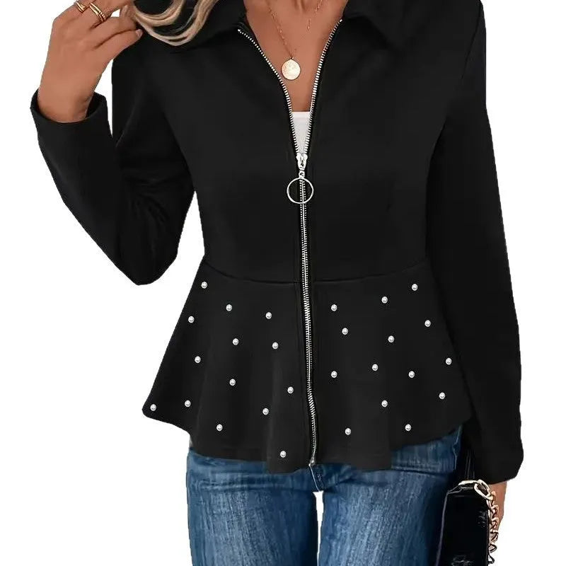 Women's black coat with beaded heavy-duty zipper and ruffled hem detail