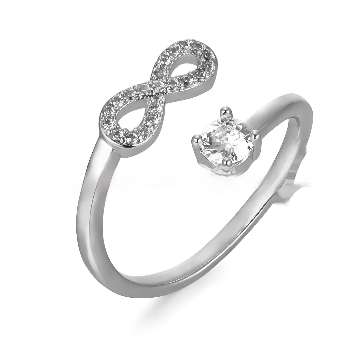 Open geometric ring with a zircon-encrusted letter 'A' in rose gold on a finger.