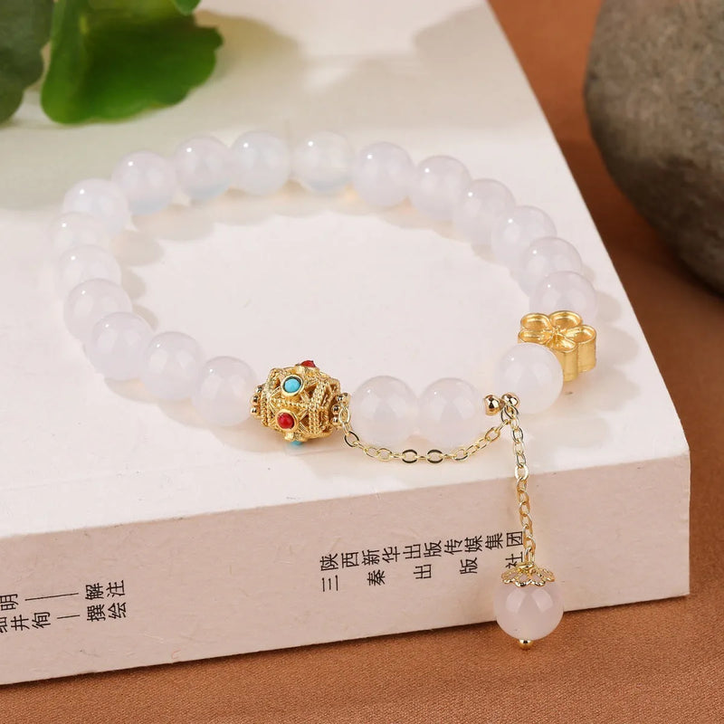 Agate Bracelet with Peach Blossom Copper Parts for Women, 8mm Natural Stone Beads Handmade Original Design, Suitable for Trade Fair Gifts and Everyday Wear