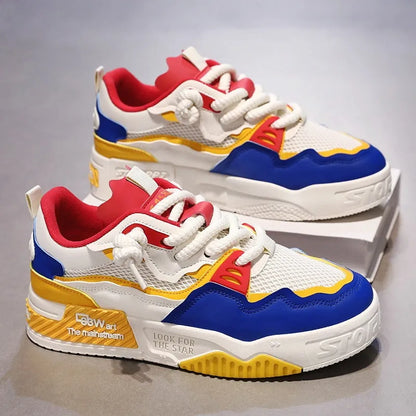 Men's low-top board shoes in beige, white and black, and white and yellow colour options.