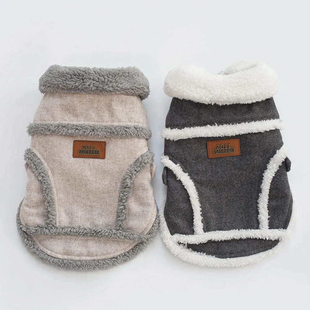 Velvet winter pet coat for small dogs and cats in dark grey or light brown, sizes S to XXL