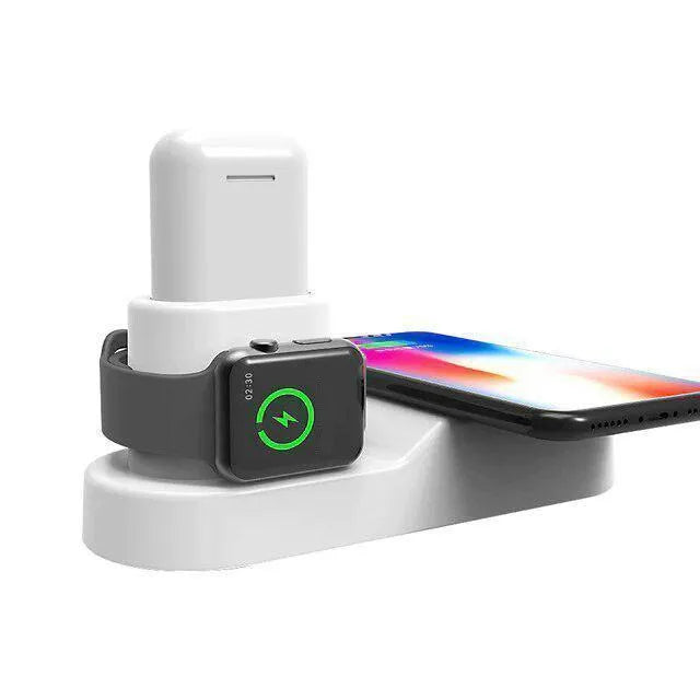 Black and white W3 wireless charging station for Apple iPhone, AirPods and Apple Watch on a desk