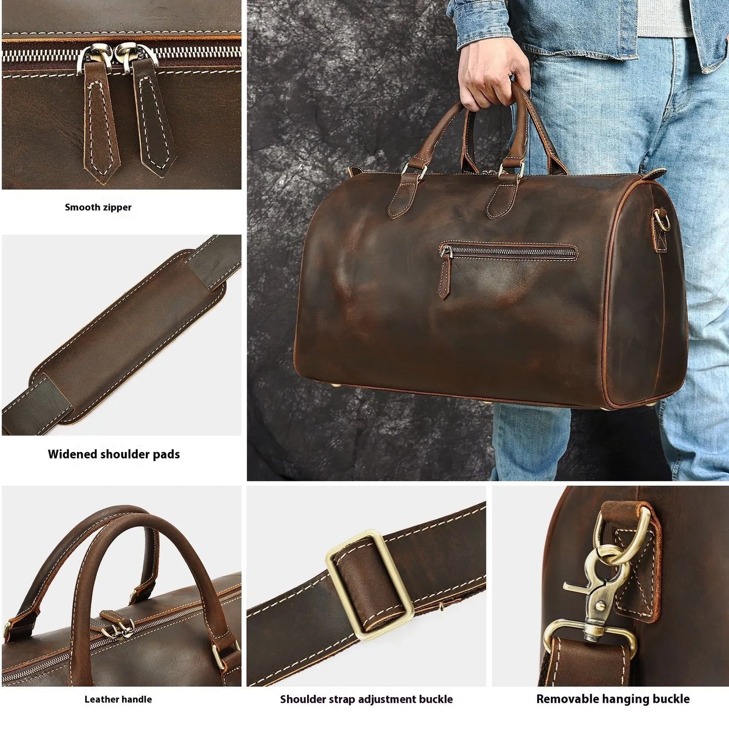 Men's vintage-style genuine leather crossbody bag in black, shown with spacious main compartment.