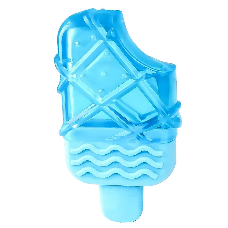 Set of four water-filled silicone dog cooling toys: pacifier, popsicle, and two rings.