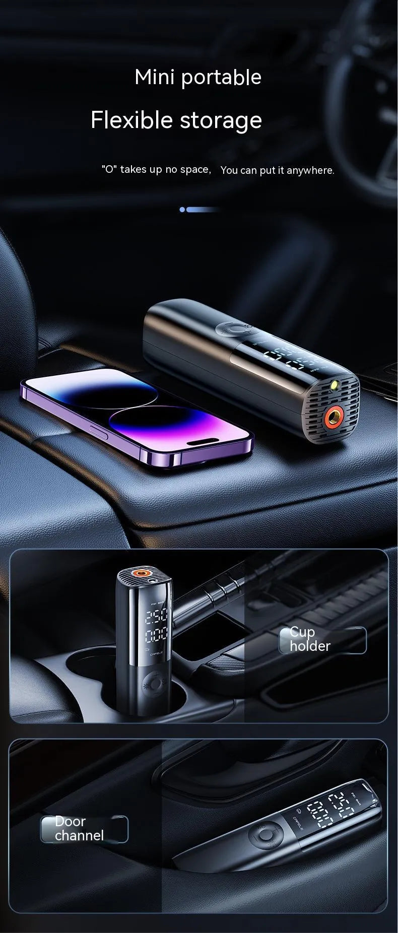 Black portable electric car air pump with pressure gauge and plug-in cord