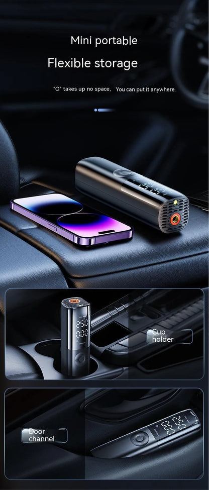 Black portable electric car air pump with pressure gauge and plug-in cord