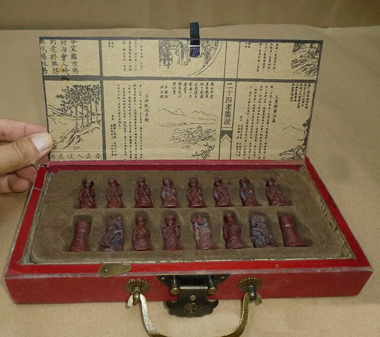 Handcrafted antique terracotta chess set with folding wooden board and polymer resin pieces