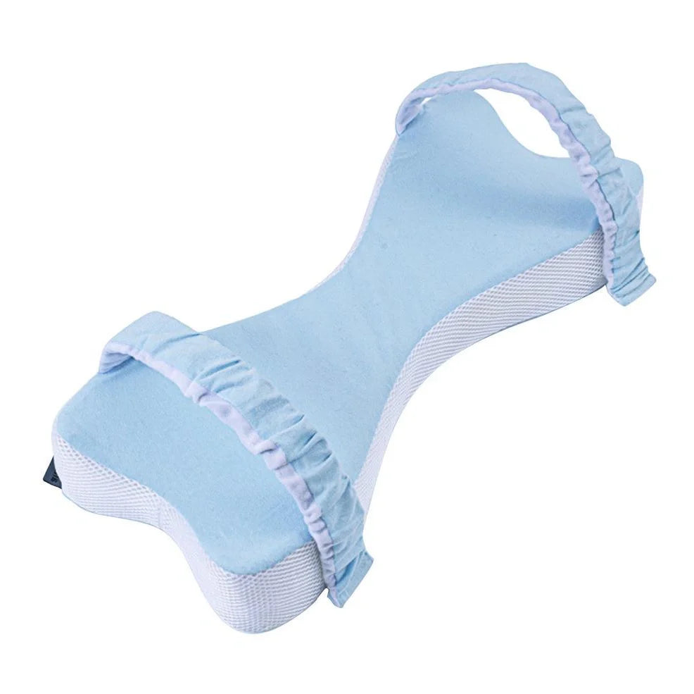 Light blue memory cotton knee pillow measuring 70×37×9cm with adjustable 5-10cm height for side sleeping support