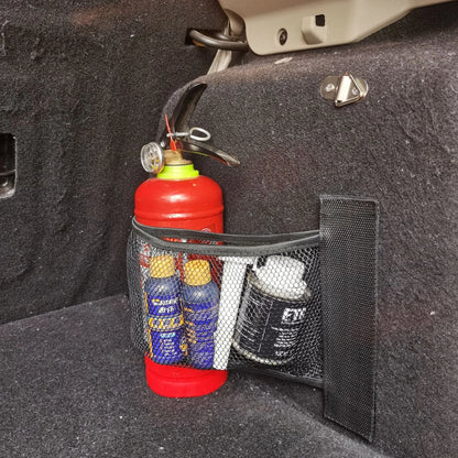 Elastic car boot storage net in polyester material for organising loose items in luggage compartment