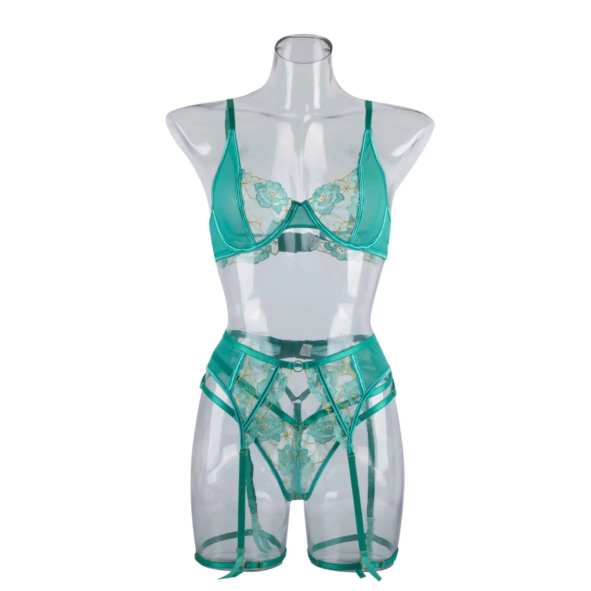 Women's light green embroidery bra set with three-point design