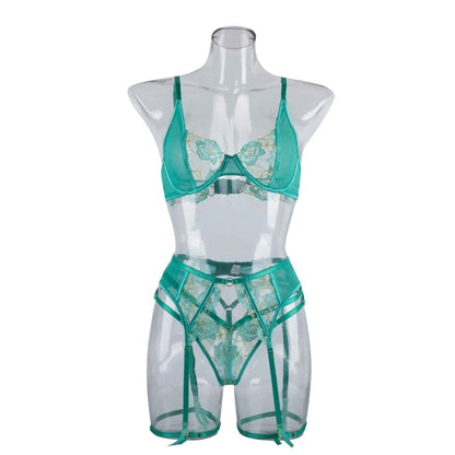 Women's light green embroidery bra set with three-point design